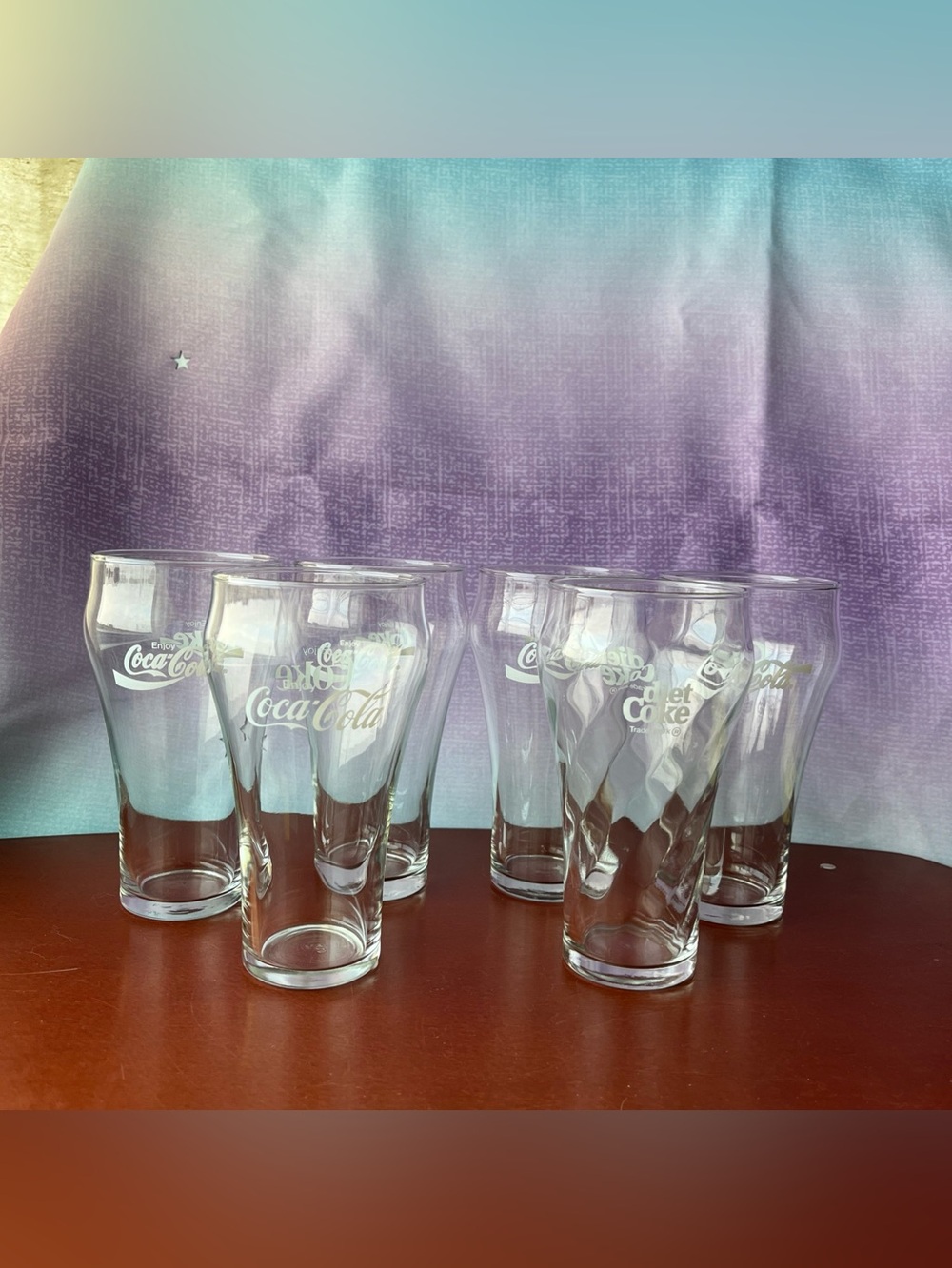 6 Vintage Coca-Cola Clear Drinking Glasses w/White Lettering-12 oz Glass -1 Diet